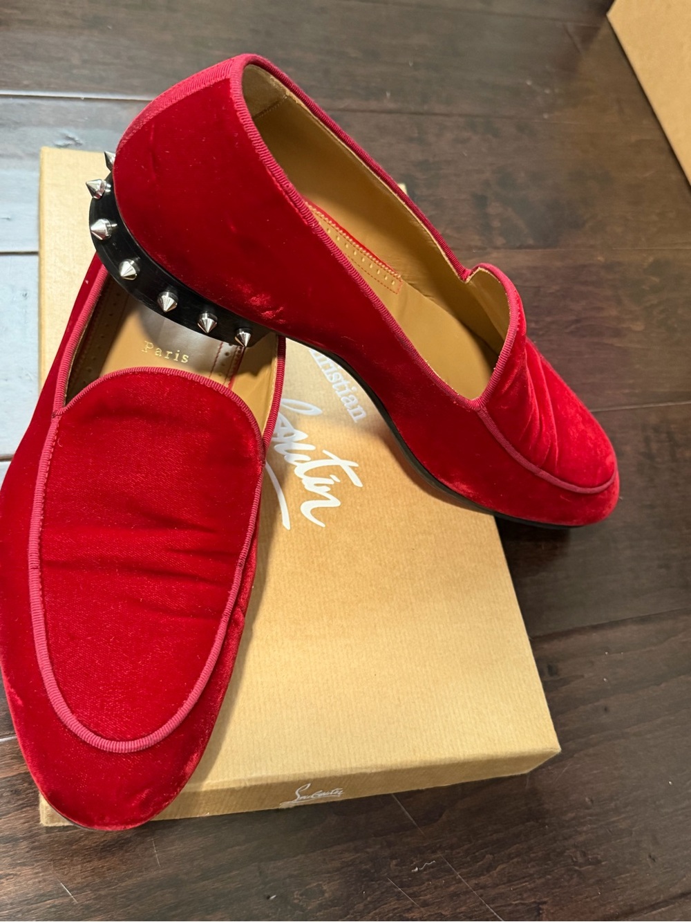 Christian Louboutin Red Velvet Stud-Heel Loafers